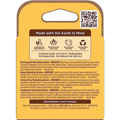 Burt's Bees Lip Balm - Pink Grapefruit, Mango, Coconut & Pear, and Pomegranate Pack, Lip Moisturizer With Beeswax, Tint-Free, Natural Origin Conditioning Treatment, 4 Tubes, 0.15 oz.