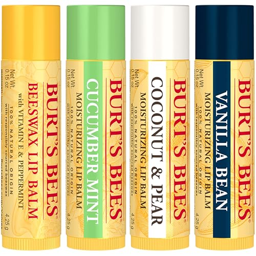 Burt's Bees Lip Balm - Pink Grapefruit, Mango, Coconut & Pear, and Pomegranate Pack, Lip Moisturizer With Beeswax, Tint-Free, Natural Origin Conditioning Treatment, 4 Tubes, 0.15 oz.