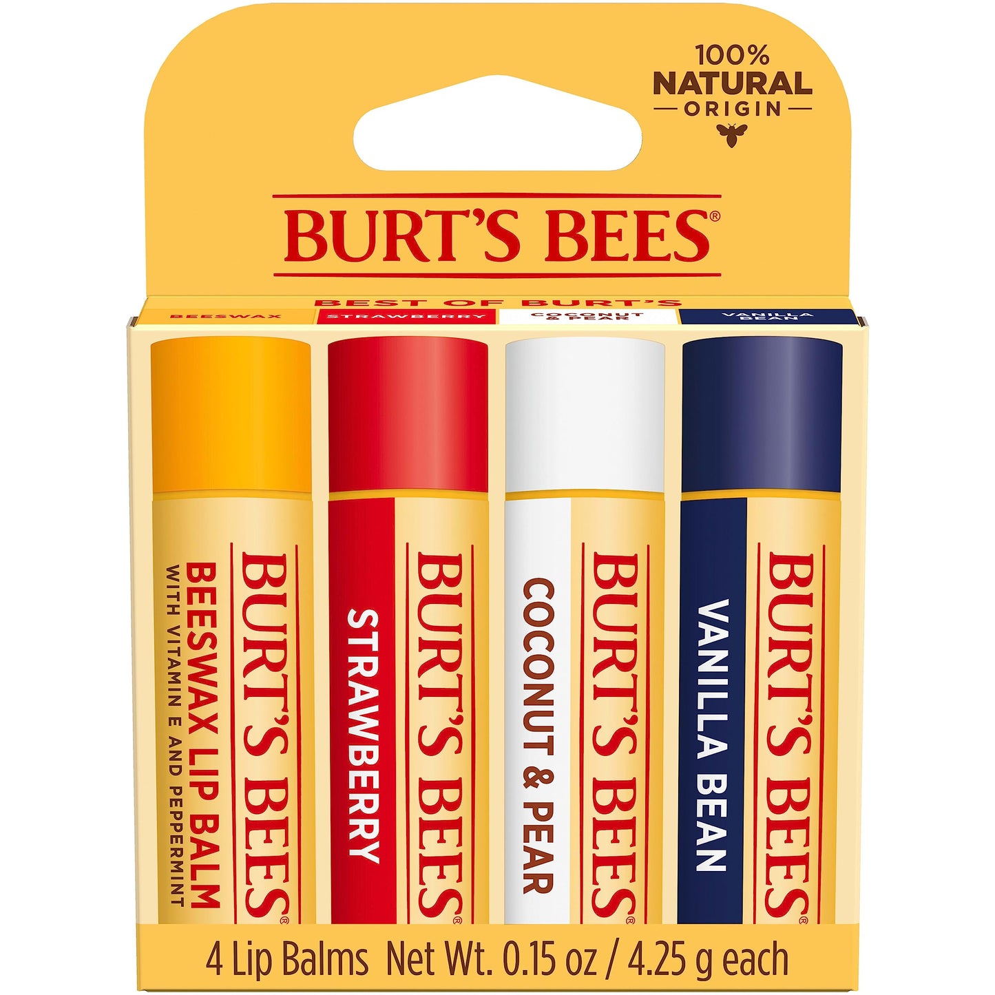 Burt's Bees Lip Balm - Pink Grapefruit, Mango, Coconut & Pear, and Pomegranate Pack, Lip Moisturizer With Beeswax, Tint-Free, Natural Origin Conditioning Treatment, 4 Tubes, 0.15 oz.