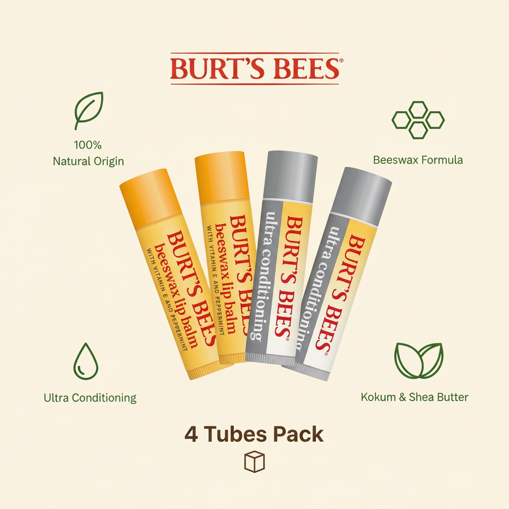 Burt's Bees Lip Balm Pack - 4 Tubes Natural Lip Care